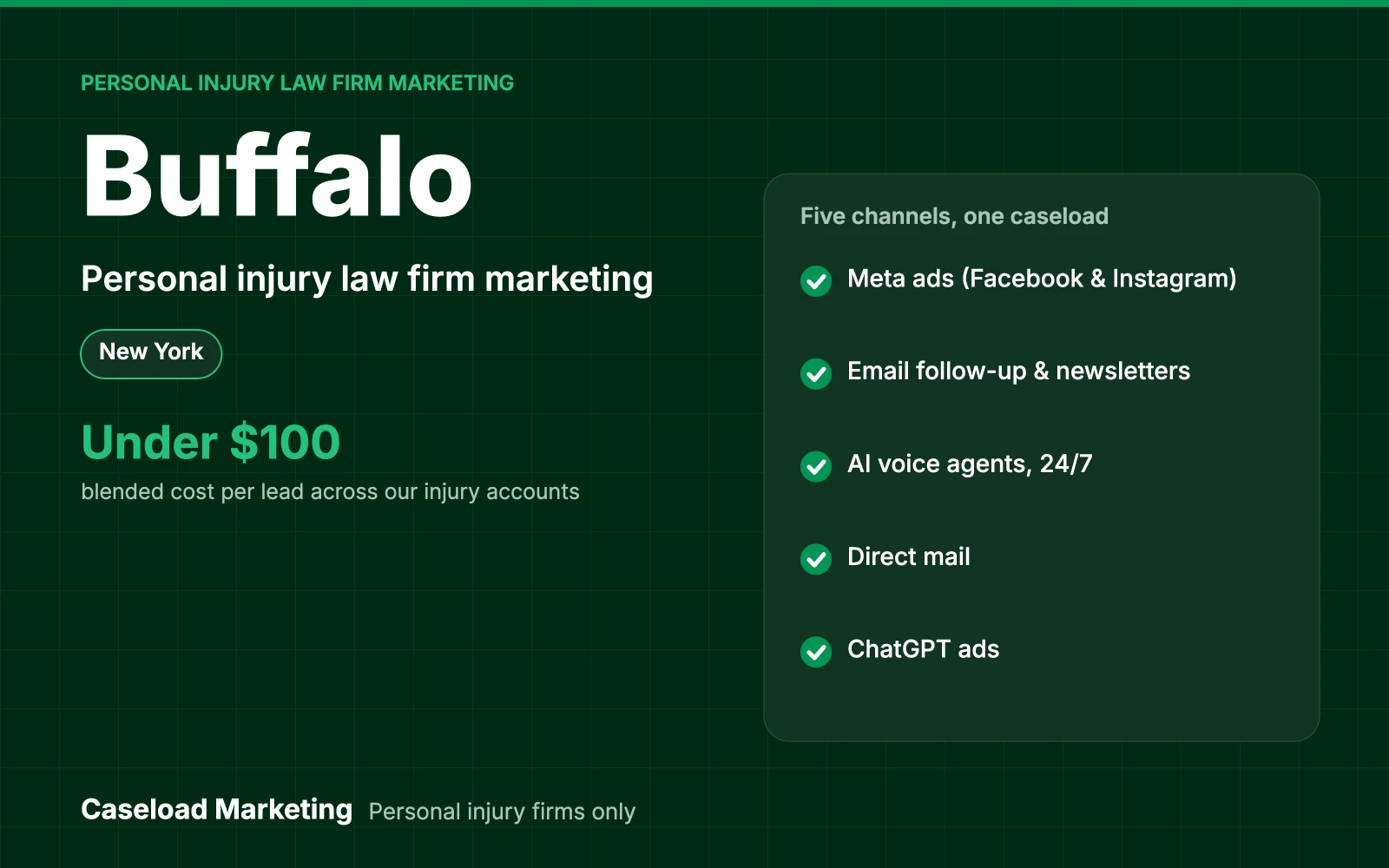 Buffalo personal injury law firm marketing: Meta ads, email, direct mail, ChatGPT ads and AI intake for injury firms across Erie County and Western New York