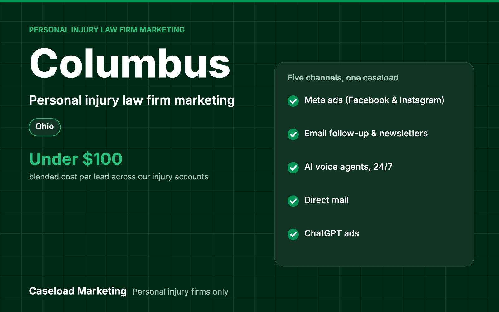 Columbus personal injury law firm marketing: Meta ads, email, direct mail, ChatGPT ads and AI intake for injury firms across Franklin County and Central Ohio