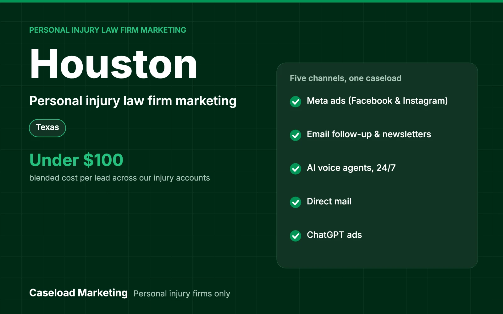 Houston personal injury law firm marketing: Meta ads, email, direct mail, ChatGPT ads and AI intake for injury firms across the Houston metro