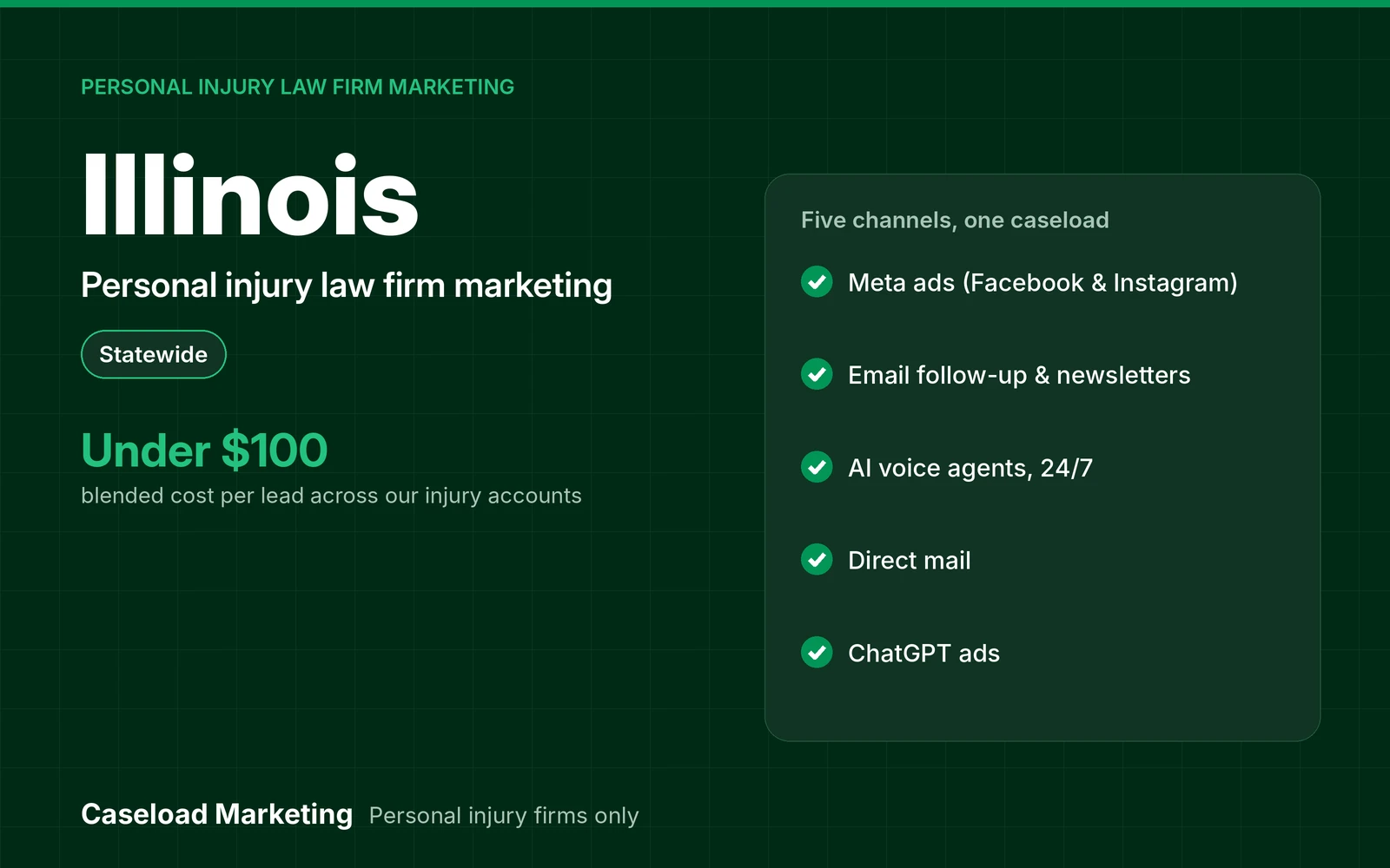 Illinois personal injury law firm marketing: Meta ads, email, direct mail, ChatGPT ads and AI intake for injury firms across Illinois