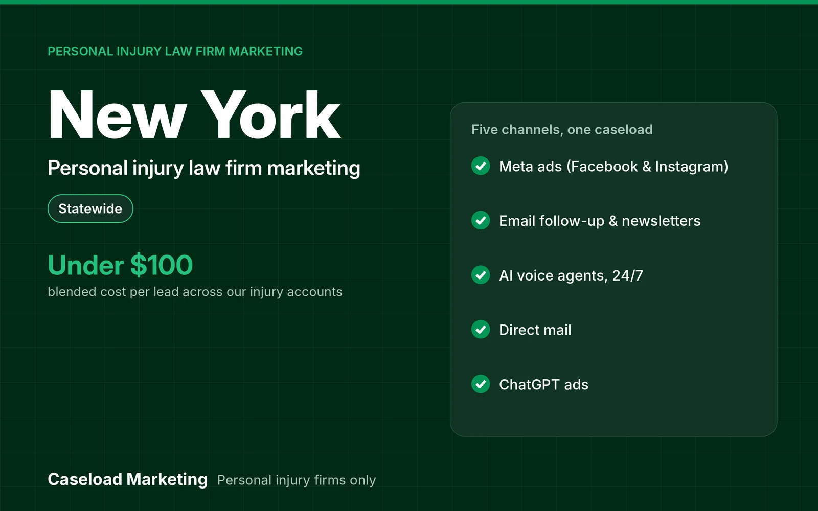 New York personal injury law firm marketing: Meta ads, email, direct mail, ChatGPT ads and AI intake for injury firms across New York